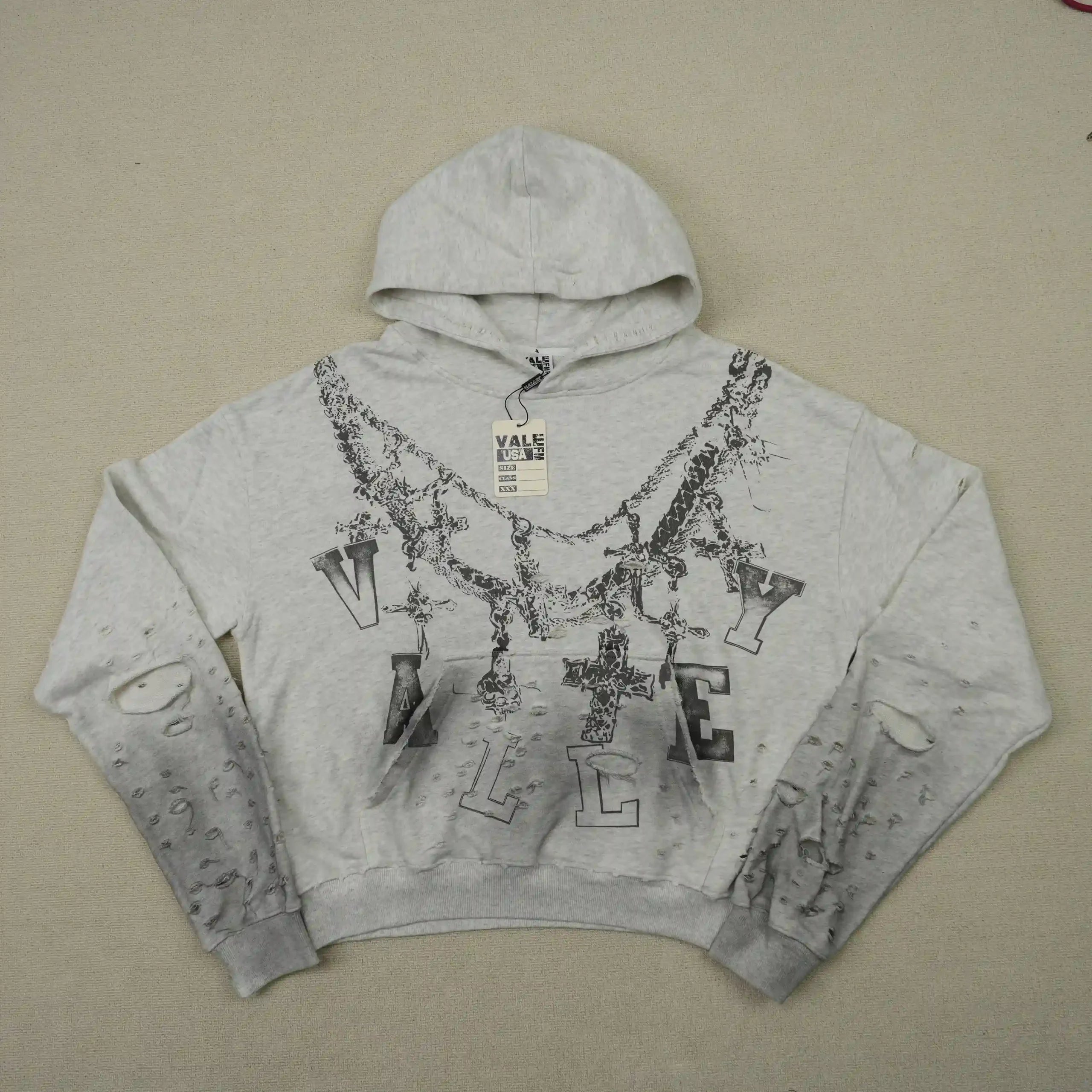 Distressed Chain Hoodie Heather Grey